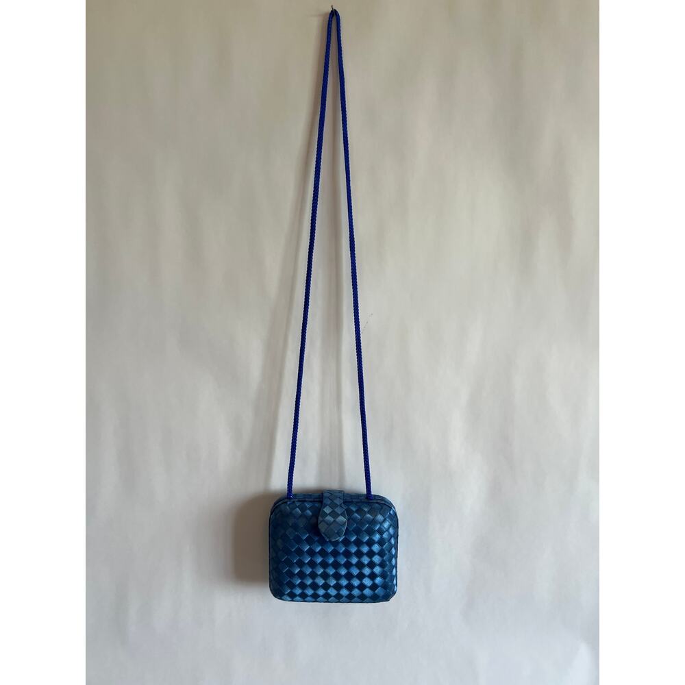 REGALE SMALL BLUE SATIN INTRECCIATO CLUTCH CROSSBODY PURSE WITH CORD STRAP